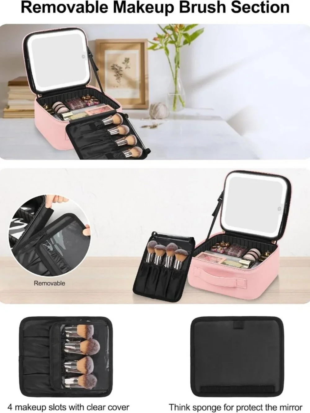 LED Makeup Bag with Mirror, Pink Cosmetic Organizer, Removable Brush